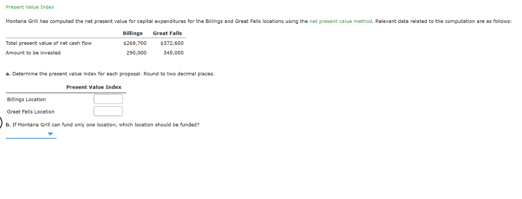  Present Value Index Montana Grill has computed the net present value