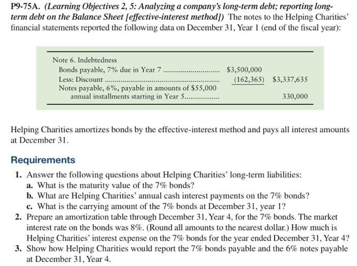  P9-75A. (Learning Objectives 2, 5: Analyzing a company's long-term debt; reporting