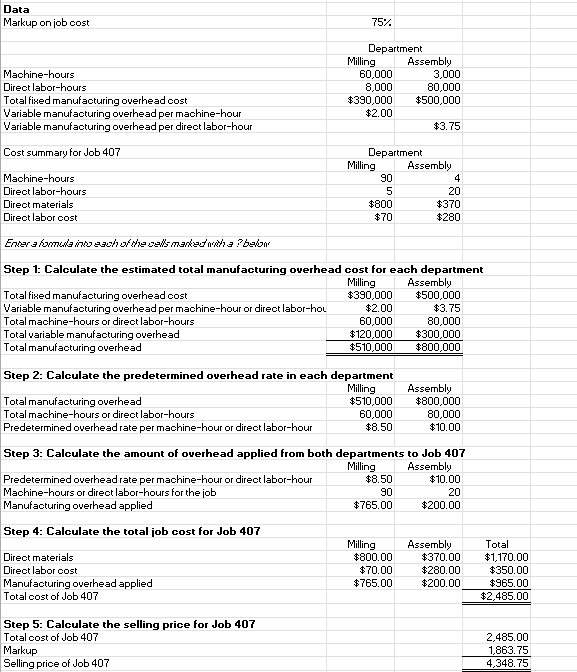  Data Markup on job cost 75% Machine-hours Directlabor-hours Total fixed manufacturing