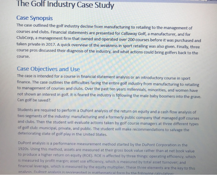  The Golf Industry Case Study Case Synopsis The case outlined the