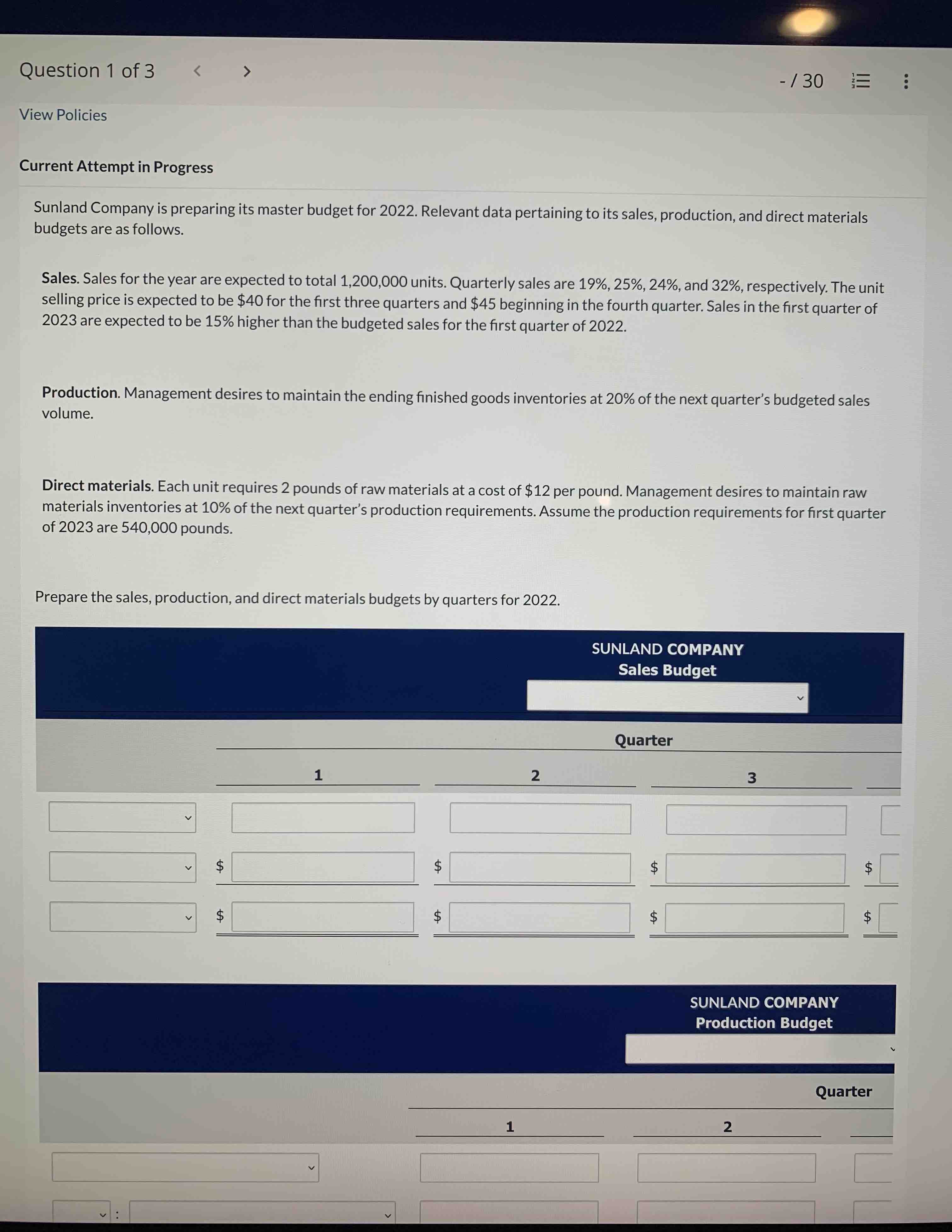  Current Attempt in Progress Sunland Company is preparing its master budget
