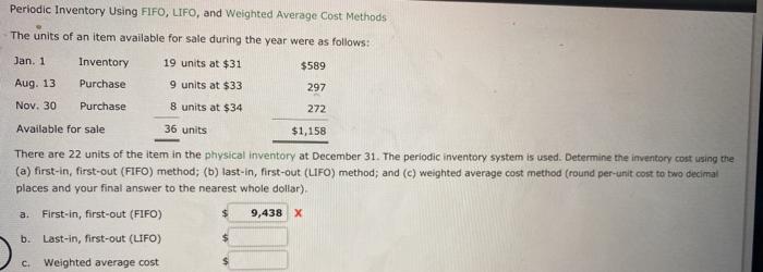  Periodic Inventory Using FIFO, LIFO, and Weighted Average Cost Methods The