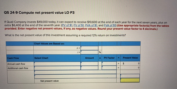  QS 24-9 Compute net present value LO P3 If Quail Company