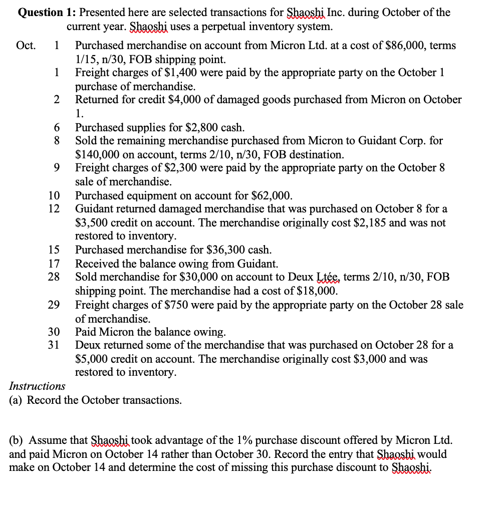 Question 1: Presented here are selected transactions for Shaoshi Inc. during