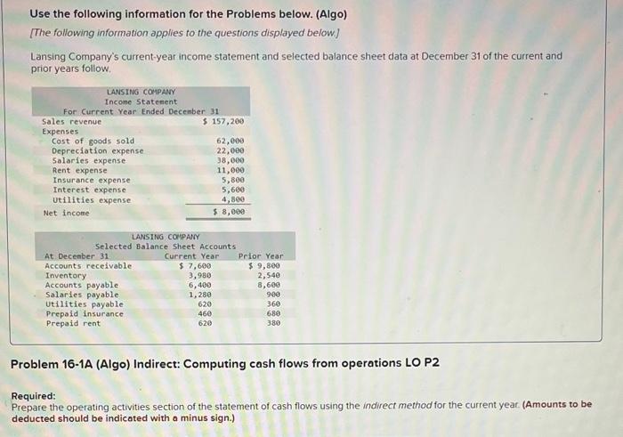  Use the following information for the Problems below. (Algo) [The following