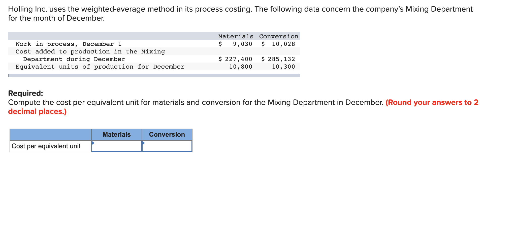 Holling Inc. uses the weighted-average method in its process costing. The