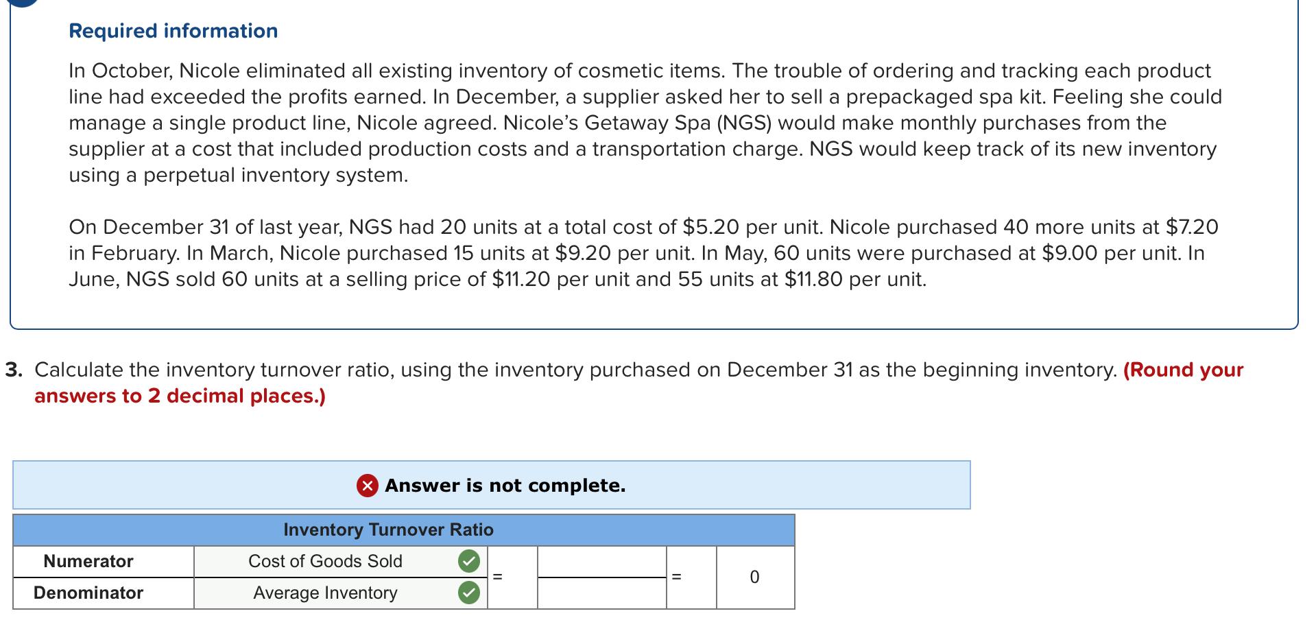 average inventory and cost of good sold. Thank you!! In October, Nicole