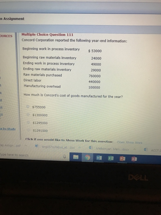  n Assignment Multiple Choice Question 111 Concord Corporation reported the following