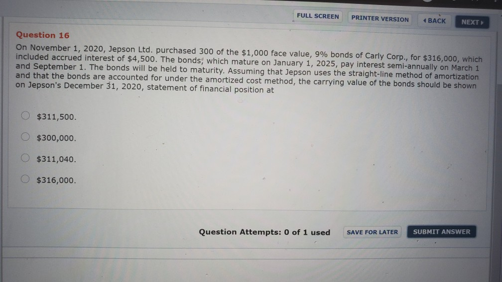  FULL SCREEN PRINTER VERSION 4 BACK NEXT Question 16 On November