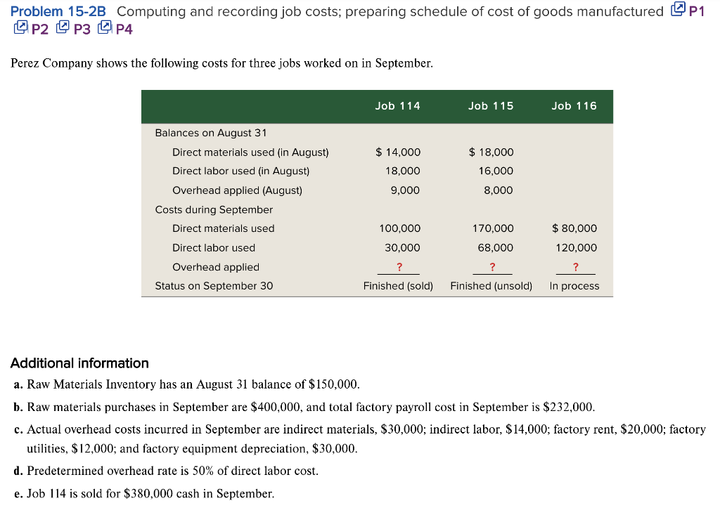Problem 15-2B Computing and recording job costs; preparing schedule of cost