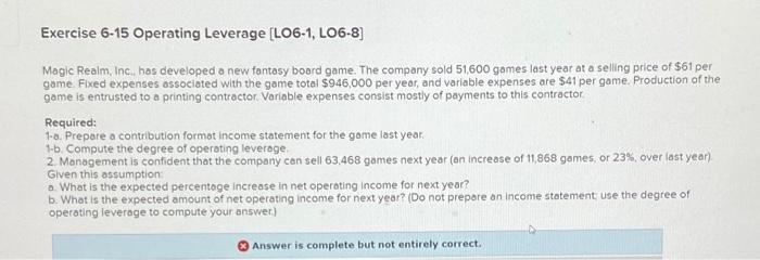  Exercise 6-15 Operating Leverage (L06-1, L06-8] Magic Realm, Inc. has developed