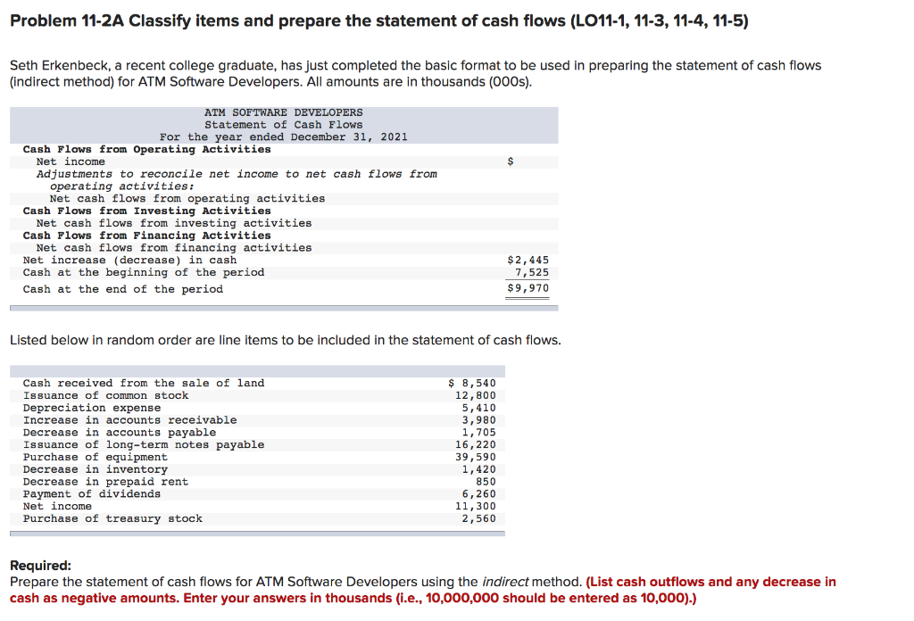 Problem 11-2A Classify items and prepare the statement of cash flows