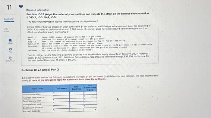  Required information Problem 10-2A (Algo) Record equity transactions and indicate the