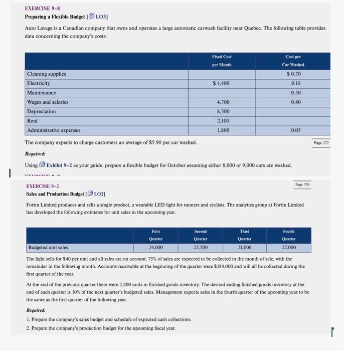  EXERCISE 98 Preparing a Flexible Budget [ LO3] Auto Lavage is