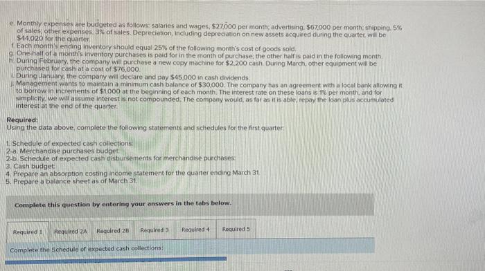 the first quarter: 1. Schedule of expected cash collections: 2-a. Merchandise purchases