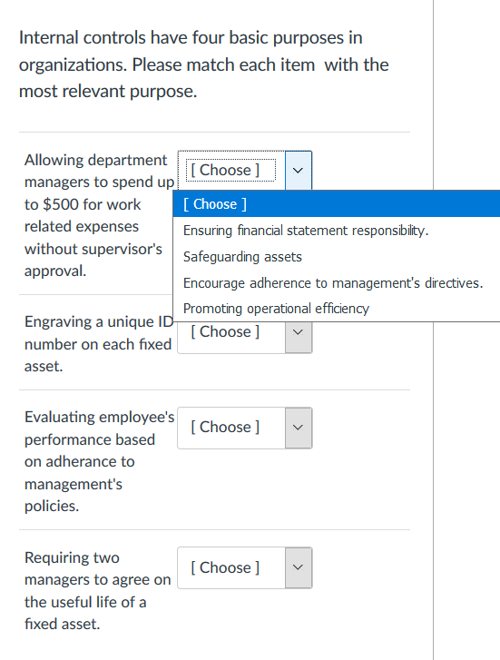 Internal controls have four basic purposes in organizations. Please match each