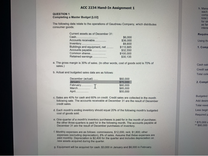  ACC 2234 Hand-In Assignment 1 QUESTION 1 Completing a Master Budget