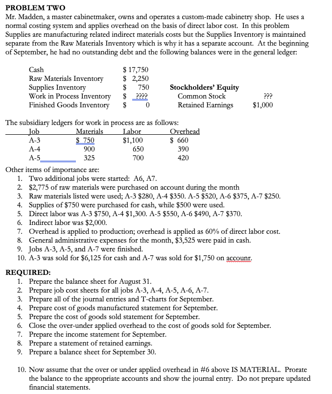 PROBLEM TWO Mr. Madden, a master cabinetmaker, owns and operates a