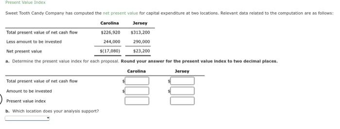 #6 Present Value index Sweet Tooth Candy Company has computed the net