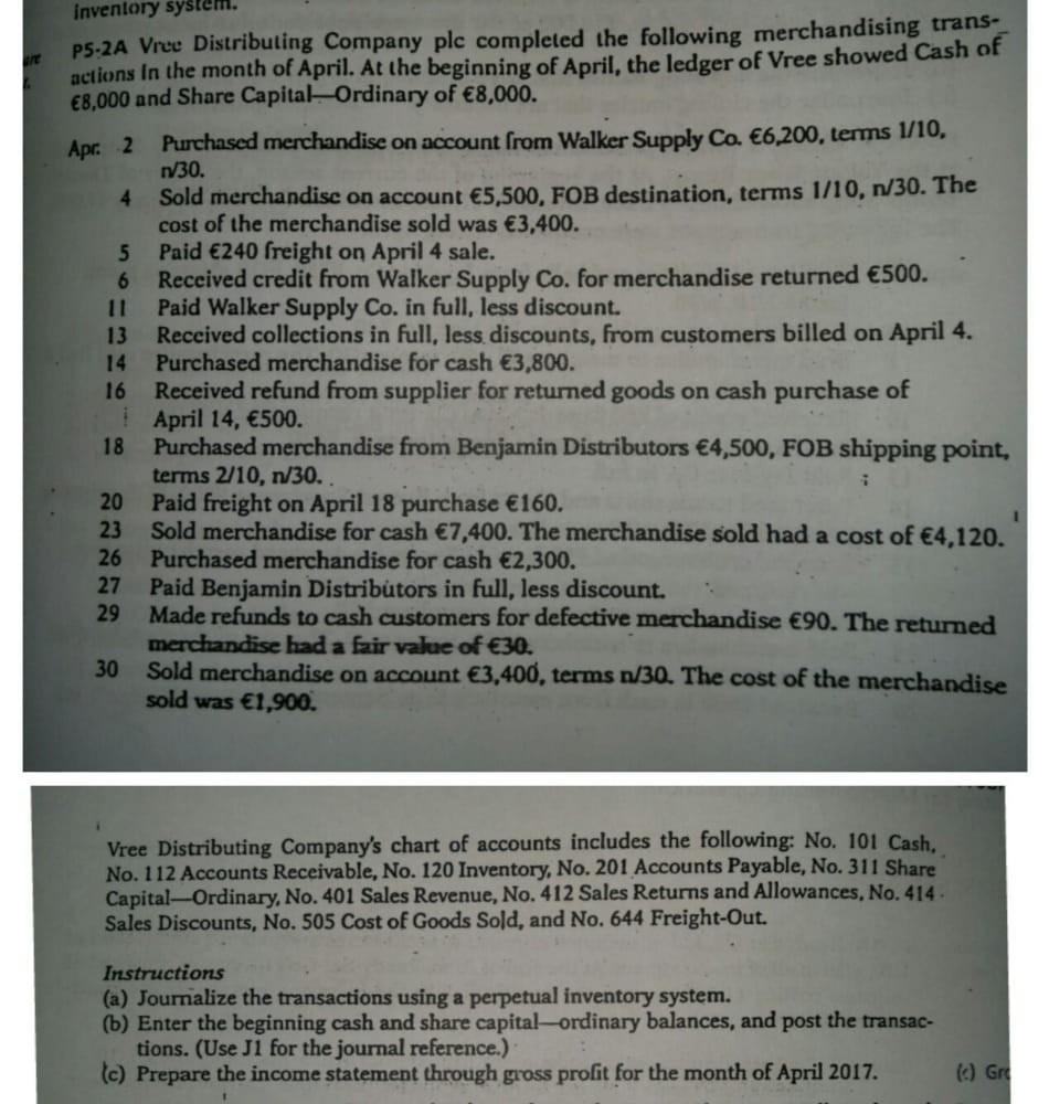 Please help Apr. 2 Inventory system. P5-2A Vree Distributing Company plc