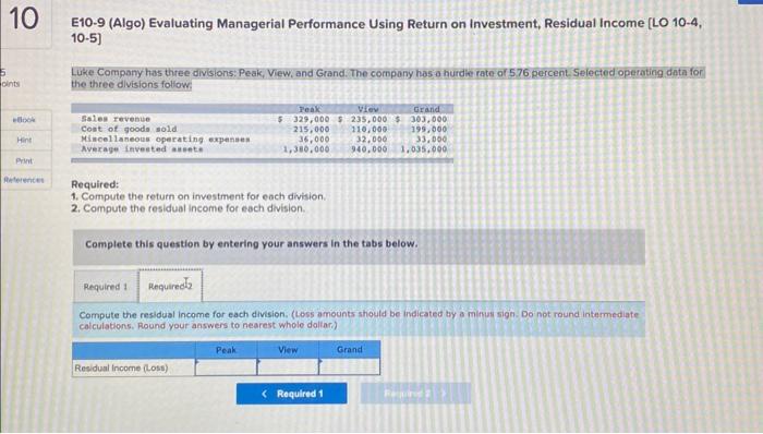[LO 10-4, 105] Luke Company has three divisions: Peak, View, and Grand,