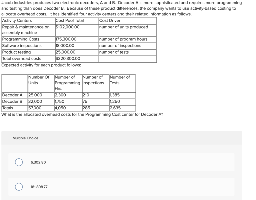  Jacob Industries produces two electronic decoders, A and B. Decoder A