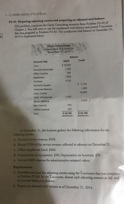  Continuing Problen P3-45 Preparing adjusting entries and preparing an adjusted trial