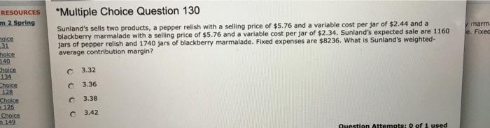  RESOURCES m 2 Spring *Multiple Choice Question 130 Sunland's sells two