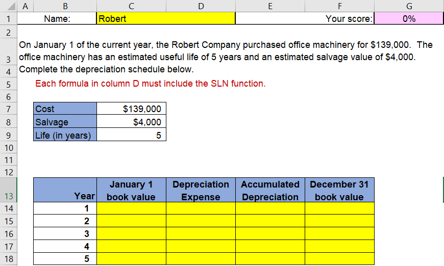G H K B 2 Each yellow cell requires a formula. 3.