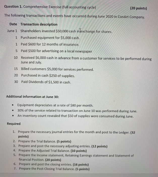  Question 1. Comprehensive Exercise (full accounting cycle) (20 points) The following