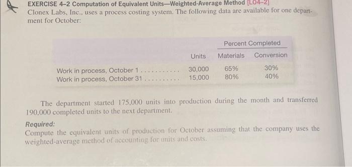  EXERCISE 4-2 Computation of Equivalent Units-Weighted-Average Method [L04-2] Clonex Labs, Inc.,
