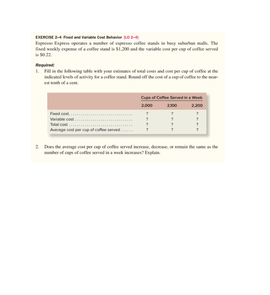 EXERCISE 2-4 Fixed and Variable Cost Behavior [LO 2-4) Espresso Express