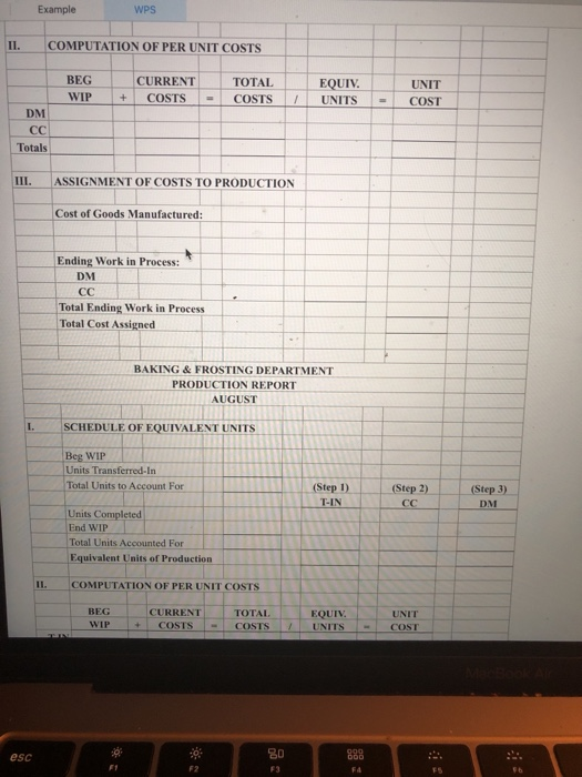 PRODUCTION REPORT AUGUST I. SCHEDULE OF EQUIVALENT UNITS Beg WIP Units Started