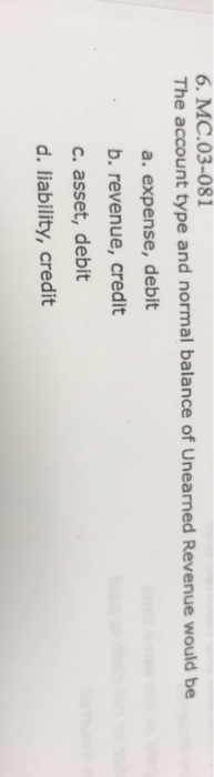 MC.03-081 The account type and normal balance of Unearned Revenue would be