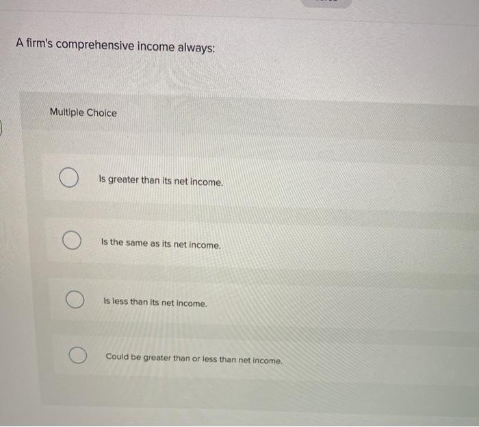 The going concern assumption Matching A firm's comprehensive income always: Multiple Choice