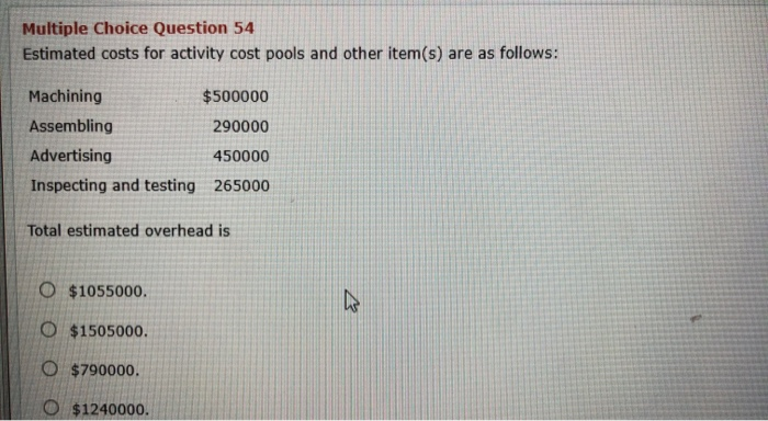  Multiple Choice Question 54 Estimated costs for activity cost pools and