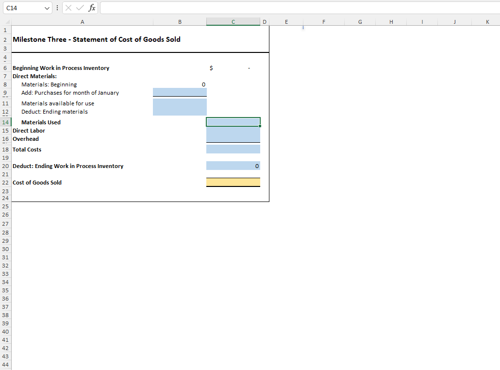 in Process Inventory Direct Materials: Materials: Beginning Add: Purchases for month of
