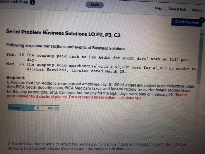  ayroll Liabilities Saved Help Save & Ext Submt Check my work