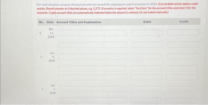  For each situation, prepare the journal entry to record the subsequent