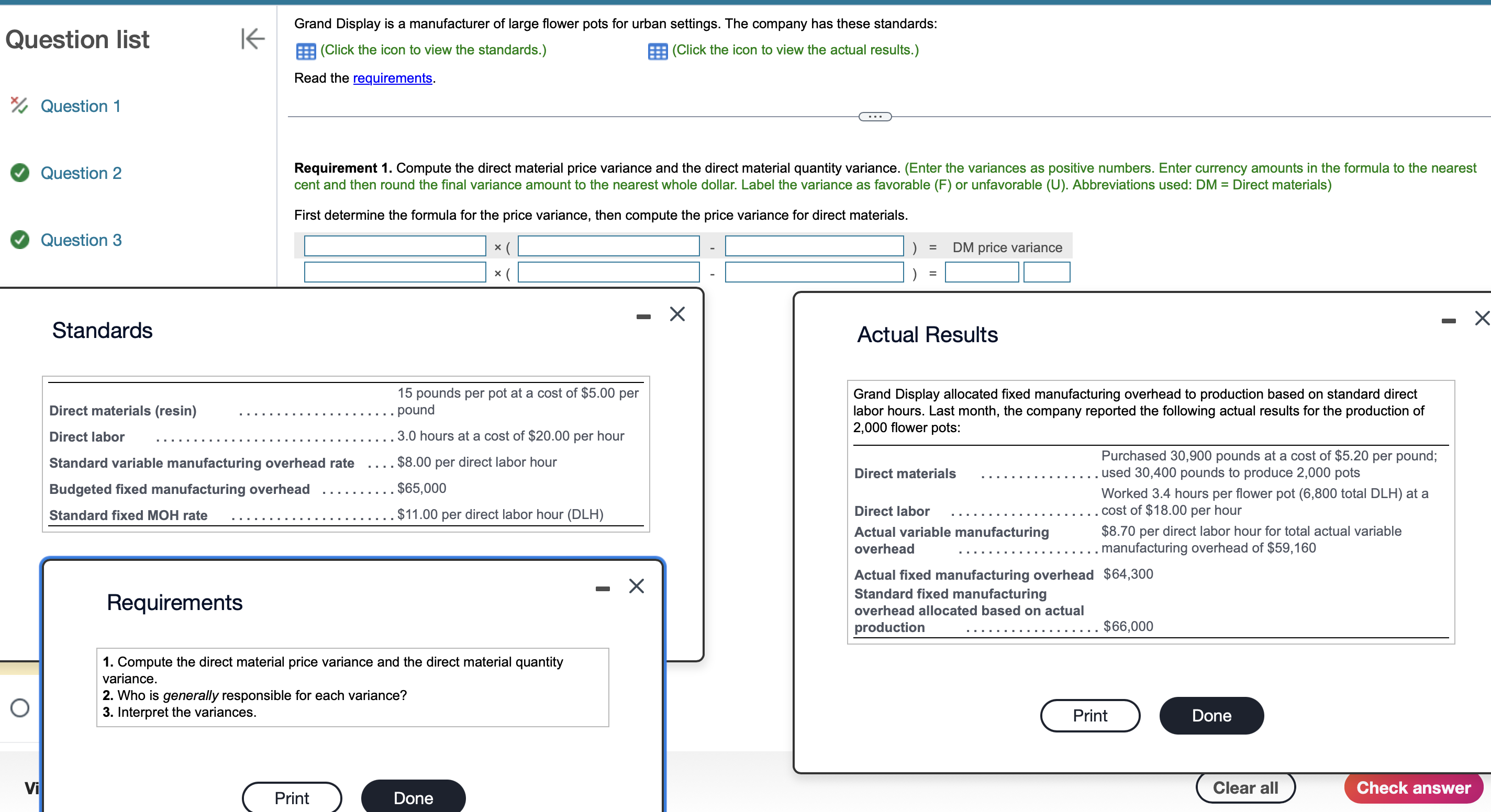  Question list x?? Question 1 Question 2 Question 3 Standards Requirements