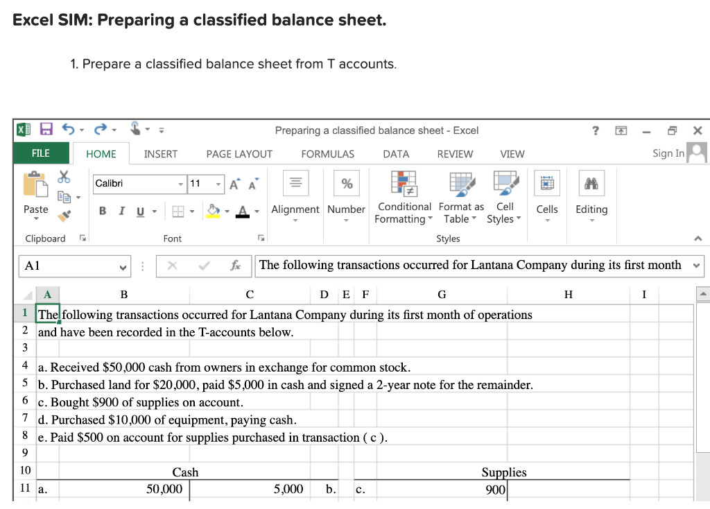  Excel SIM: Preparing a classified balance sheet. 1. Prepare a classified