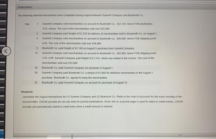  Instructions The following selected transactions were completed during August between Summit