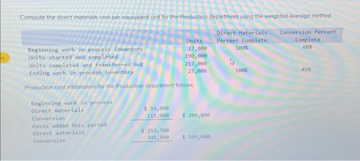  Compute the direct materials cost per equivalent unit for the Production