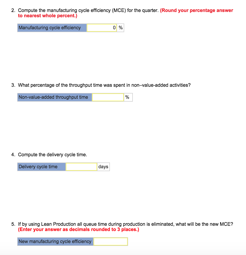 your percentage answer to nearest whole percent.) Manufacturing cycle efficiency 0 %