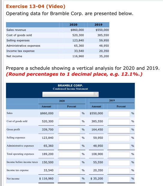 Need help. Exercise 13-04 (Video) Operating data for Bramble Corp. are presented