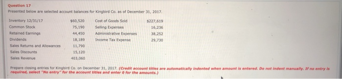  Question 17 Presented below are selected account balances for Kingbird Co.