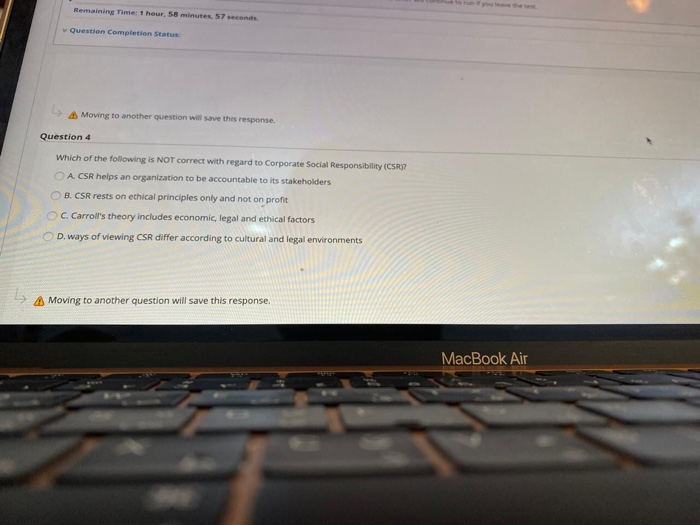  Remaining Time: 1 hour, 58 minutes, 57 seconds Question Completion Status