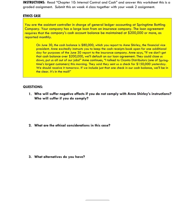  INSTRUCTIONS: Read "Chapter 10: Internal Control and Cash" and answer this