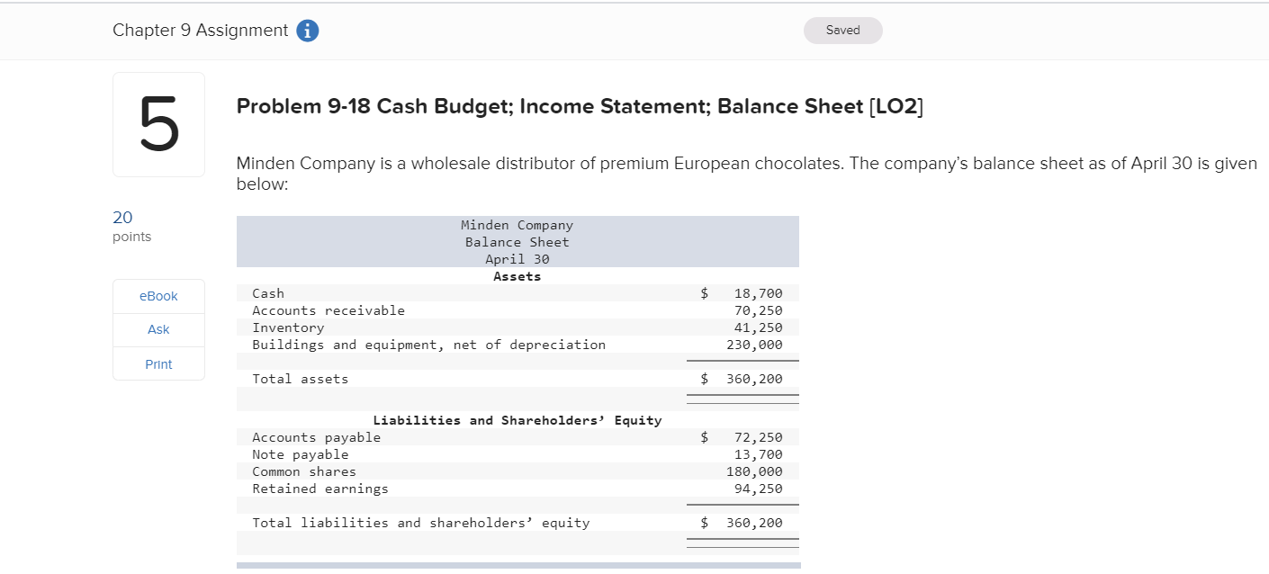 Chapter 9 Assignment i Saved Problem 9-18 Cash Budget; Income Statement;