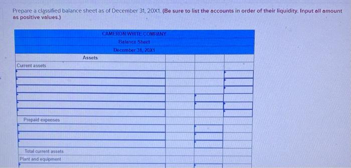 Cameron White Company's worksheet for the year ended December 31,201. The balance